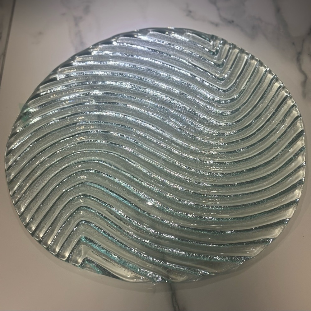 Art Glass Wavy Display Plate with a blue-green hue Heavy Cake Plate